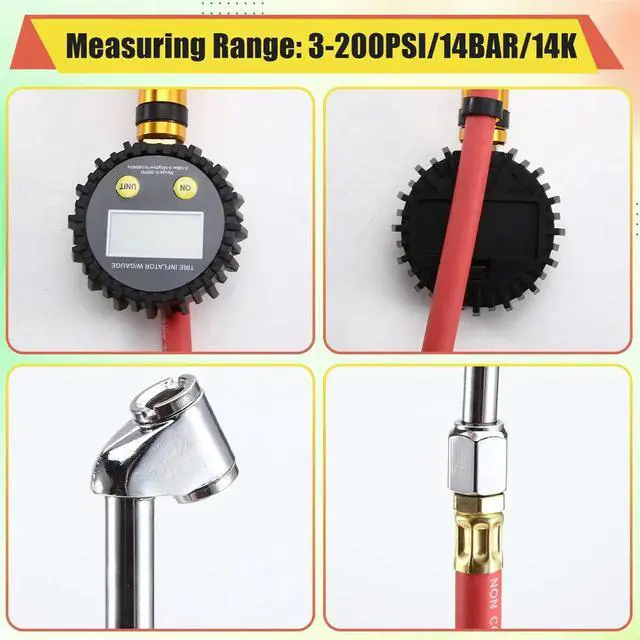 Alt view image 4 of 6 - Tire Inflator Air Line Tyre Pump with Digital Pressure Gauge Tester Universal for Car Motorcycle 3-200PSI