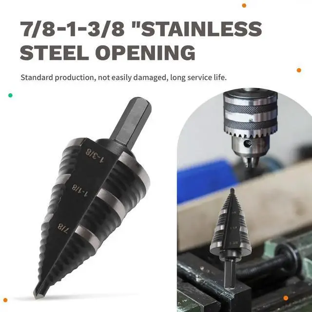 Alt view image 4 of 6 - High-Speed Steel Inch Step Drill, 3/8" Hexagonal Shank Nitrided Pagoda Drill, 7/8-1-3/8" Stainless Steel Hole Opening