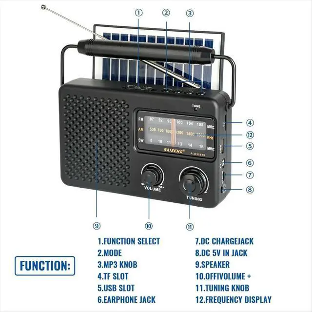 Alt view image 4 of 6 - R-2011BTS Stereo Radio AM FM SW Radio with TF Card USB Playback, Solar Charging Emergency Radio for Outdoor