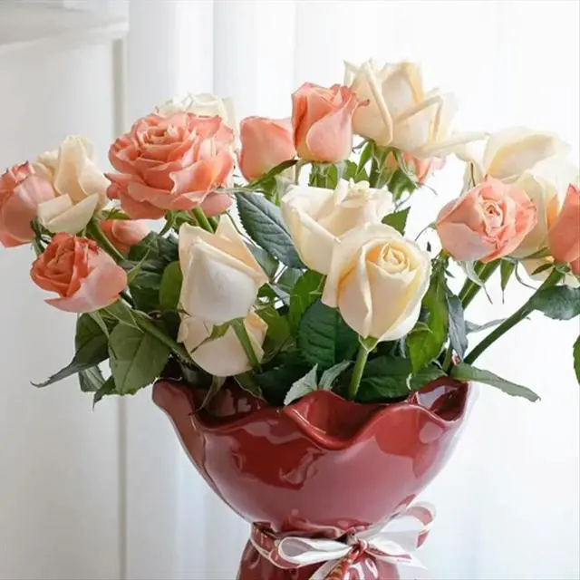 Alt view image 6 of 6 - Ceramic Vase Rose Flower Shaped Vase Desk Decorati Flowers Bouquet for Home Girding Decorative Floral Vases Room