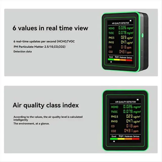 Alt view image 4 of 6 - 6-in-1 Indoor Air Monitor HCHO TVOC CO 2 CO PM10 PM2.5 Meter Gases Detecting ligent White