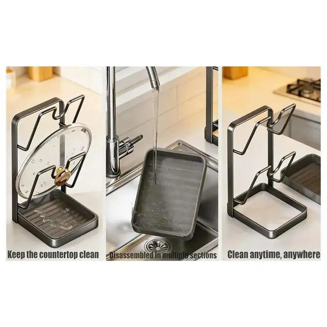 Alt view image 4 of 6 - Kitchen Pot Lid Rack, Multifunctional Pot and Pan Organizer with Drain Tray, Countertop Lid and Spoon Holder