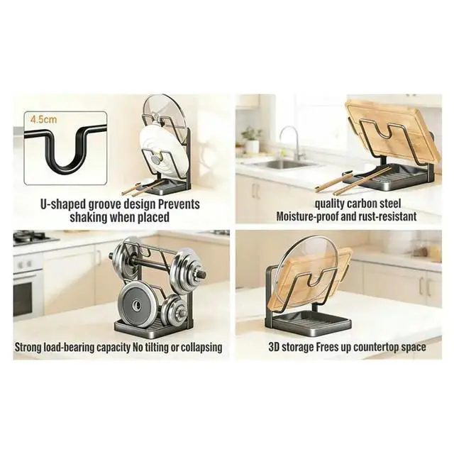 Alt view image 6 of 6 - Kitchen Pot Lid Rack, Multifunctional Pot and Pan Organizer with Drain Tray, Countertop Lid and Spoon Holder