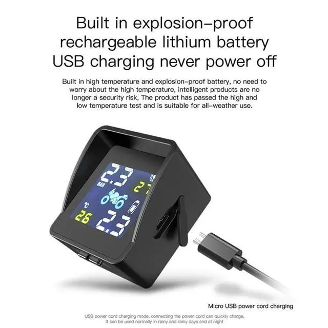 Alt view image 6 of 6 - High-Precision Solar Motorcycle TPMS Tire Tyre Pressure Monitoring Alarms System with 2 Sensors TPMS Bluetooth