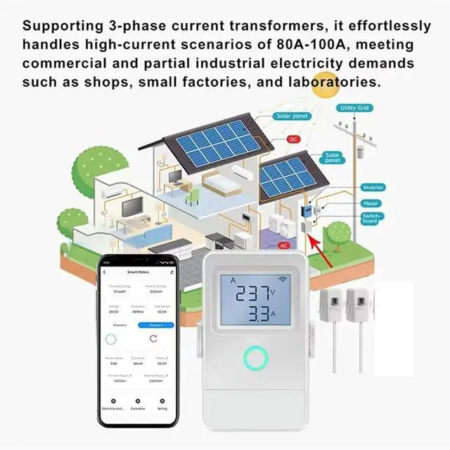 Alt view image 4 of 6 - Tuya Energy Monitor with LCD Display, over-Temperature Alarm, and CTs for Solar Power Systems A