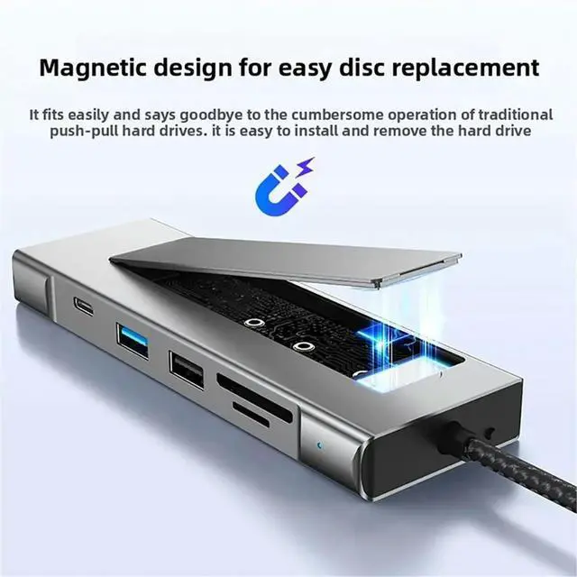 Alt view image 4 of 6 - 8in1 USB Hub M.2 NVMe SATA W/H SSD Enclosure USB3.2 Type-C to HDMI-Compatible Laptop Dock Station USB Adapter