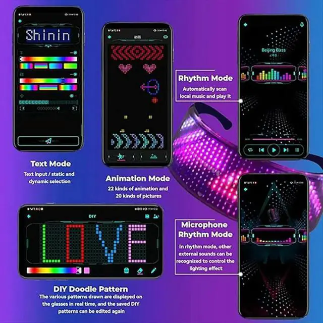 Alt view image 4 of 6 - Shining Light Up LED Glasses Bluetooth App Programmable Display Screen Rgb Luminous Glasses for Party,Halloween