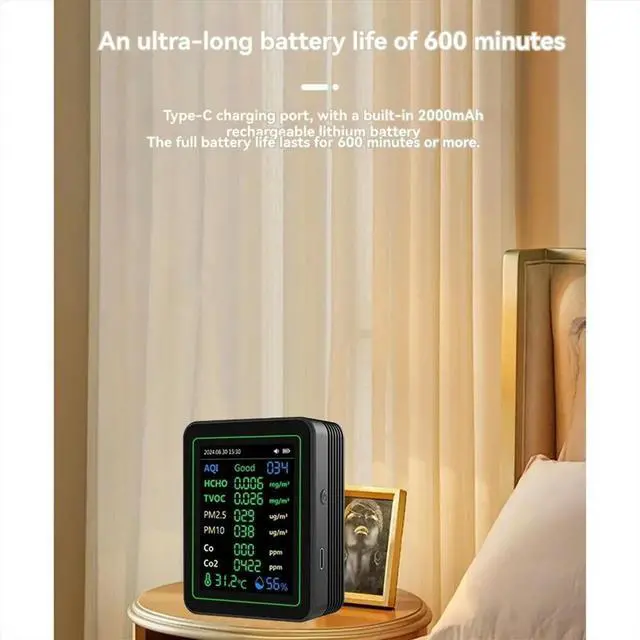 Alt view image 6 of 6 - 12 in 1 Air Tester Temperature/Humidity /Time/CO/CO2/Curve/TVOC/AQI/PM2.5/PM10/Formaldehyde with Bracket Black