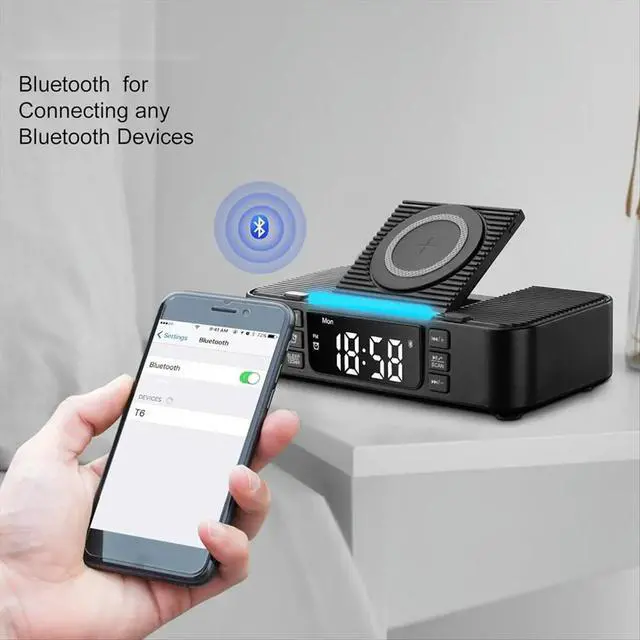 Alt view image 4 of 6 - Charging Station with Bluetooth Speaker, Alarm Clock, FM Radio, Night Light, Phone Holder, Adjustable Display