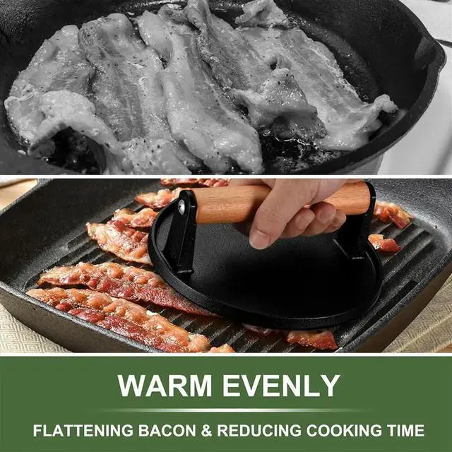 Alt view image 4 of 6 - Burger, Heavy-Duty Cast Iron Smash Bacon Meat Meat Steak with Wood Handle for Griddle, Sandwich, Nonstick Pan