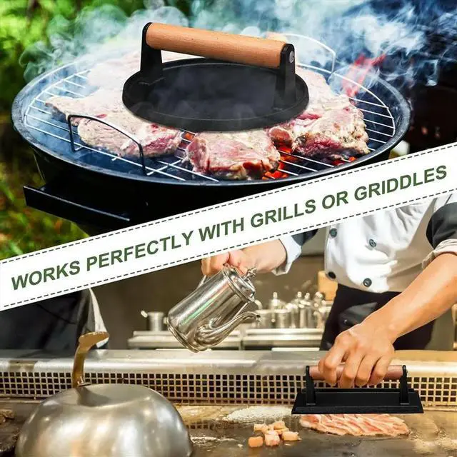 Alt view image 6 of 6 - Burger, Heavy-Duty Cast Iron Smash Bacon Meat Meat Steak with Wood Handle for Griddle, Sandwich, Nonstick Pan