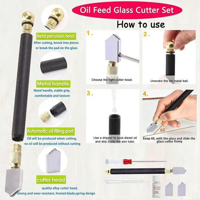 Alt view image 5 of 6 - Glass Cutting Tool Set Kit, Wheeled Glass Tile Nippers Glass Running Pliers Breaking Pliers Oil Feed Glass Cutter Set