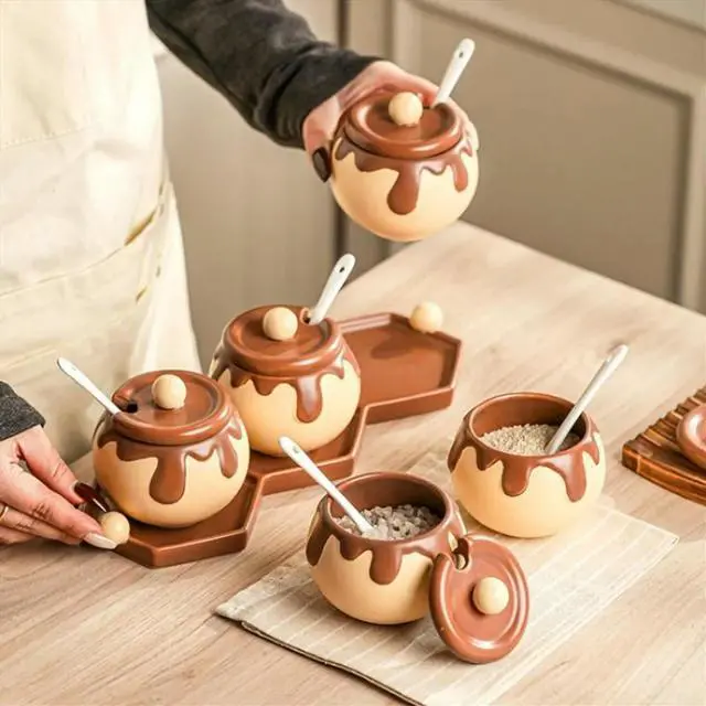 Alt view image 6 of 6 - Korean Chocolate Shape Ceramic Spice Jar Cartoon Seasoning Box Salt Pepper Shaker Kitchen Decoration Flavoring Utensils