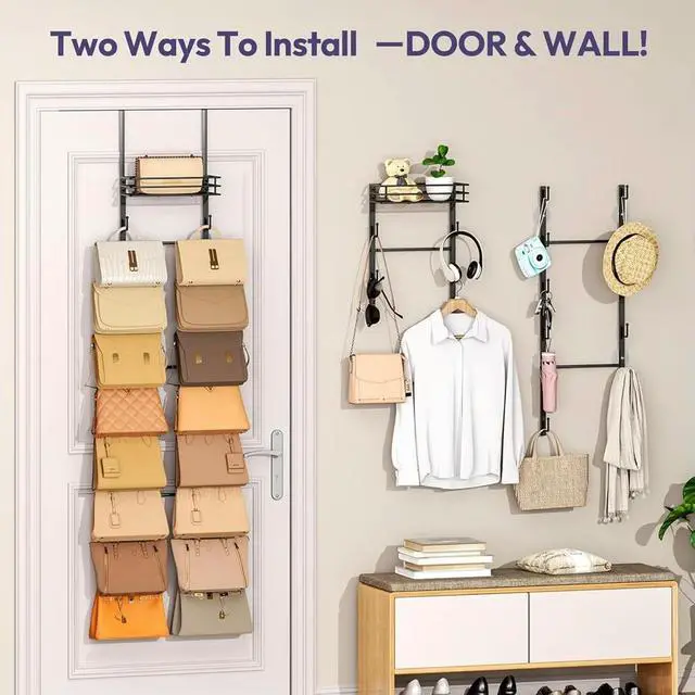 Alt view image 5 of 6 - Over the Door Purse Organizer - Wall Mounted Handbag Organizer with 16 Hooks and l Basket, Rack Holds