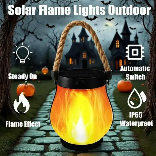 Alt view image 5 of 6 - Solar Flame Lantern Hanging Outdoor Waterproof-3 Pack Flame Lanterns with Dual Charging Modes for Garden or Yard Decor