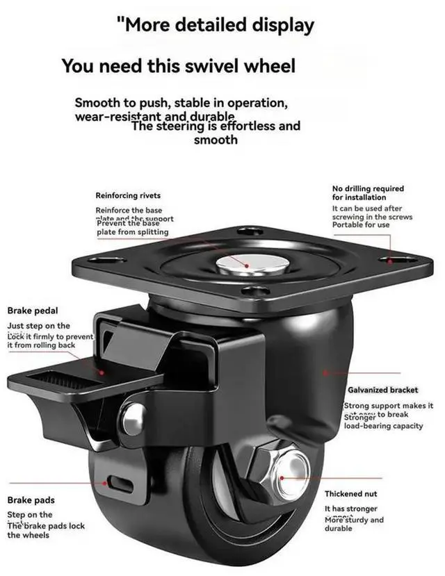 Alt view image 6 of 6 - 2 Inch 2 Swivel Wheels + 2 Brake Wheels Heavy-Duty Swivel Casters Industrial Heavy-Duty Nylon Wheels 600kg Load Capacity