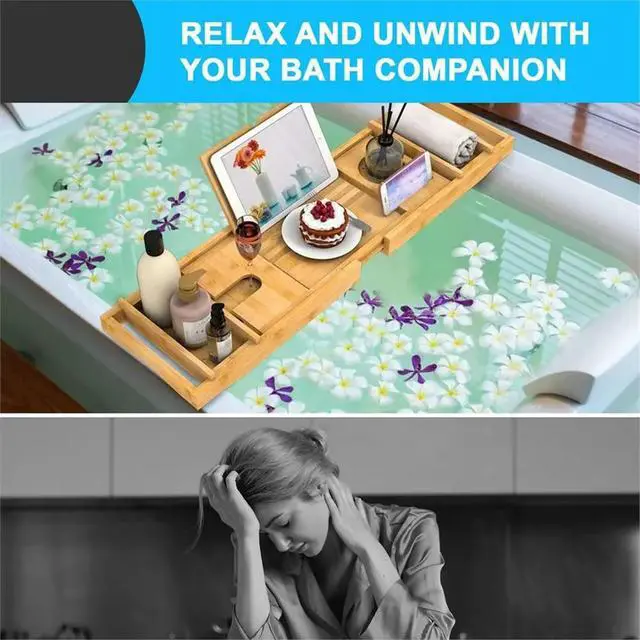 Alt view image 4 of 5 - Bamboo Bath Tray - Extendable Bathtub Shelf with Tablet/Phone Slot, Candle/Cup Holder, Bathroom Rack, Bath Tray