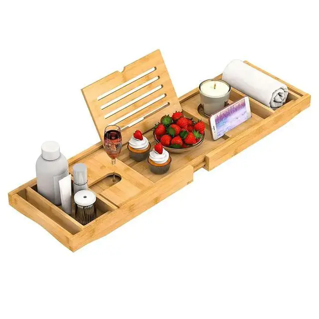 Alt view image 5 of 5 - Bamboo Bath Tray - Extendable Bathtub Shelf with Tablet/Phone Slot, Candle/Cup Holder, Bathroom Rack, Bath Tray