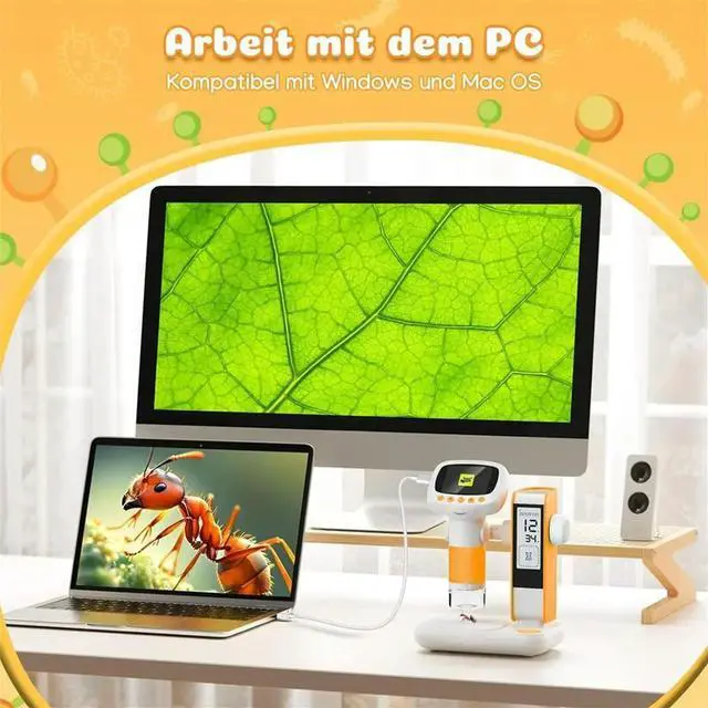Alt view image 6 of 6 - Digital Microscope for Children with Alarm Clock, Microscope with 1000x Magnification, 2 Inch Screen, 8GB Card