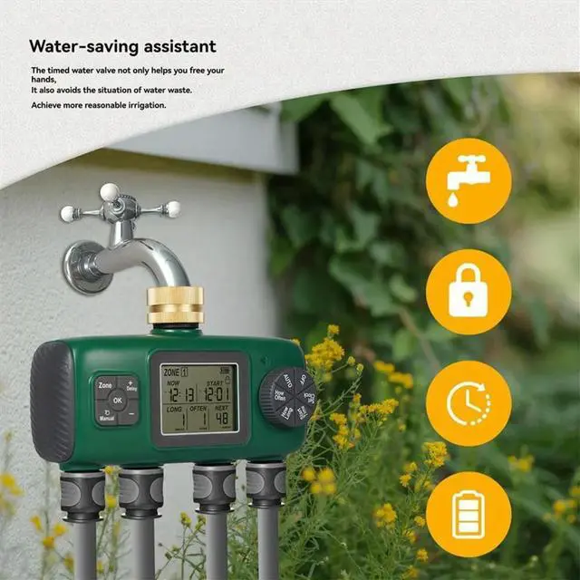 Alt view image 5 of 6 - Water Timer Brass Inlet Rotary Knob Control with LCD Display Screen Rain Delay Child Lock Garden Sprinkler 4-Outlet US