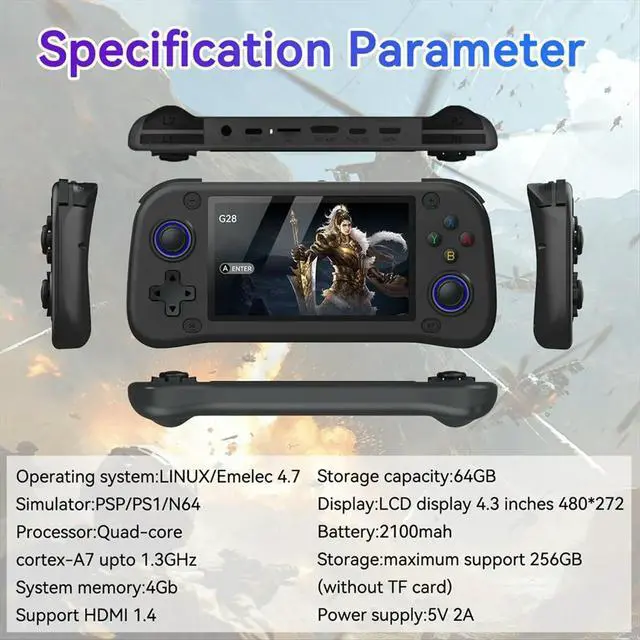 Alt view image 3 of 6 - G28 Retro Handheld Video Game Console 64GB 10000+Game 4.3 Inch Screen Linux Pocket Player for PSP/PS1/N64 Simulator D