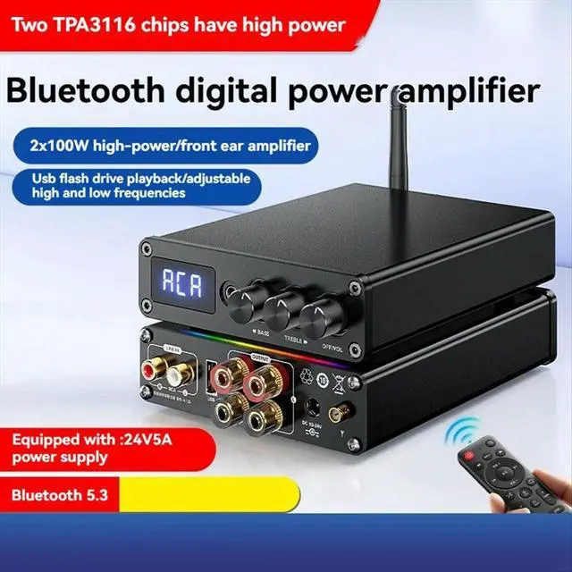 Alt view image 6 of 6 - Bluetooth 5.3 TPA3116D2 Class D Power Amplifier 2.0 Audio Amplifier 2x100W 2 Microphone USB Input with Remote EU PLUG