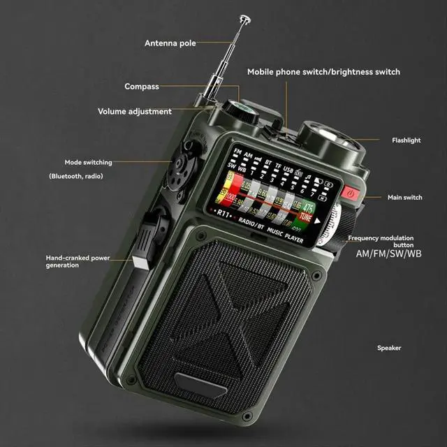 Alt view image 4 of 6 - Solar Hand Crank Radio Dynamo Vintage AM/FM/SW Full Band Emergency Radio Bluetooth Speaker with Flashlight SOS