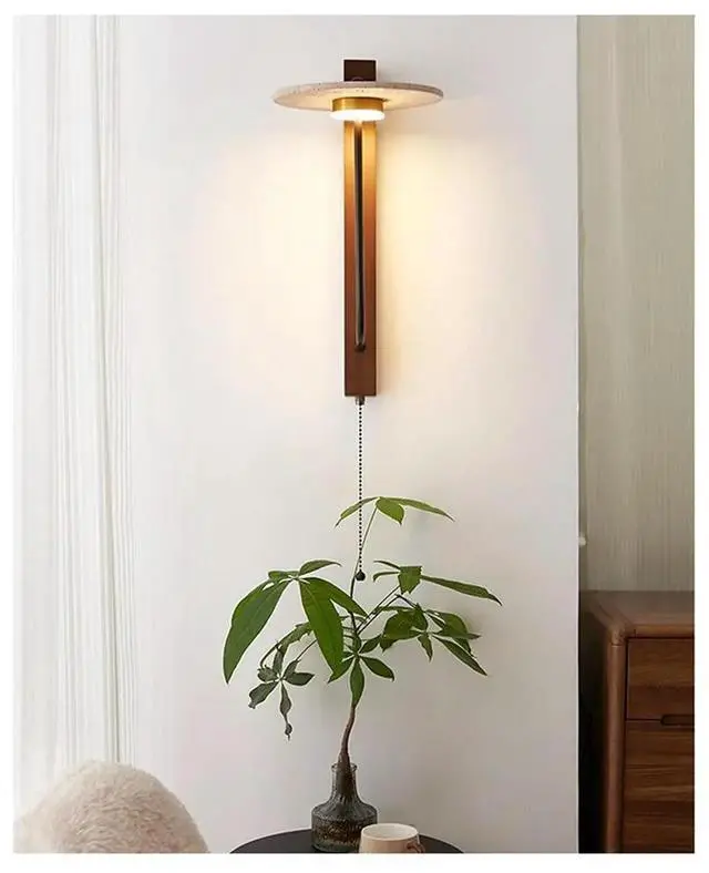 Main image of Light Fixture with Natural Stone Lamp Shade Pull Cord Switch Wood Base, Art Deco Wall Sconces for Bedside Bedroom