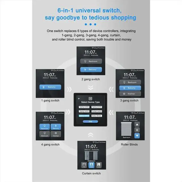 Main image of Tuya 4inch Touch Screen Switch Support 1/2/3Gang/Curtain/Roller Blind Switch 6in1 Multi Language for Alexa