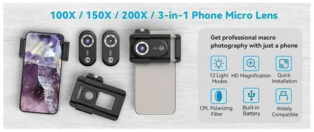 Main image of 3-in-1 Phone Microscope Lens 100X/150X/200X with LED Light for Android/for