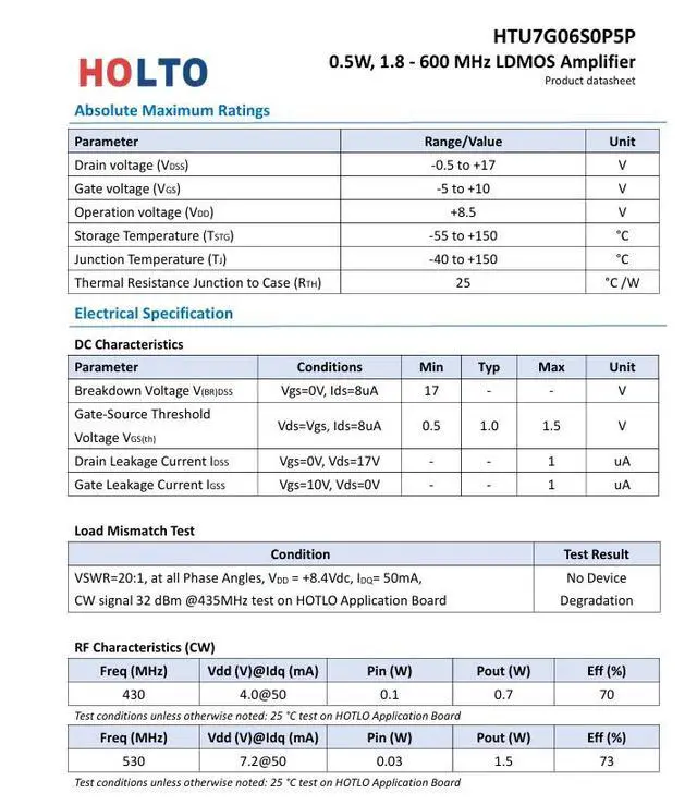 Alt view image 3 of 3 - HTU7G06S0P5P Marking H06P5A SOT-89 0.5W 1.8- 600 MHz LDMOS Amplifier VHF UHF applications.