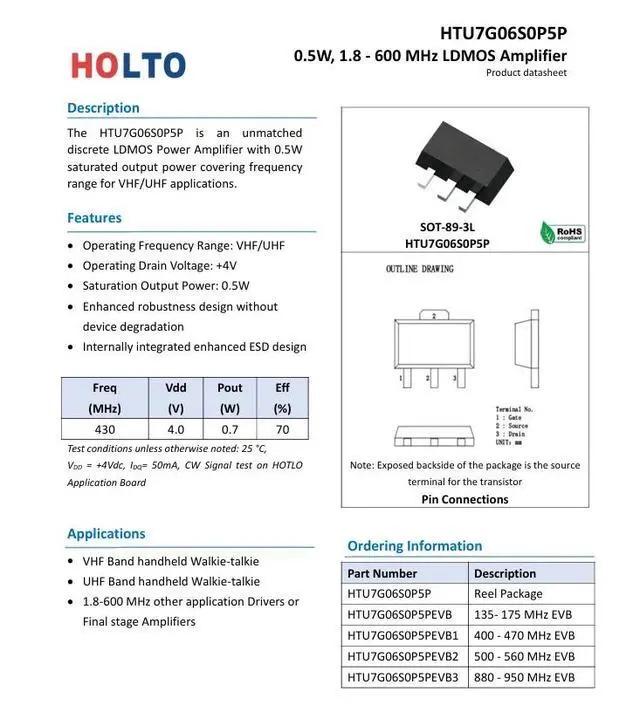 Alt view image 2 of 3 - HTU7G06S0P5P Marking H06P5A SOT-89 0.5W 1.8- 600 MHz LDMOS Amplifier VHF UHF applications.