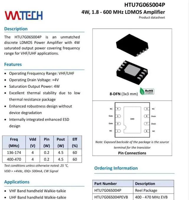 Main image of HTU7G06S004P HTU7G06S004 DFN 4W 1.8- 600 MHz LDMOS Amplifier LDMOS Power Amplifier VHF/UHF applications