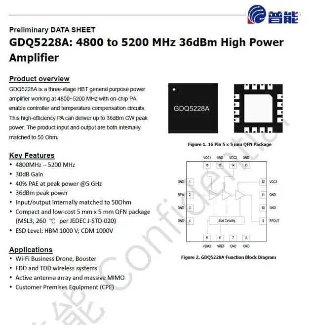 Main image of GDQ5228A 36dBm 4.8-5.2G GaAs wifi RF Power Amplifier