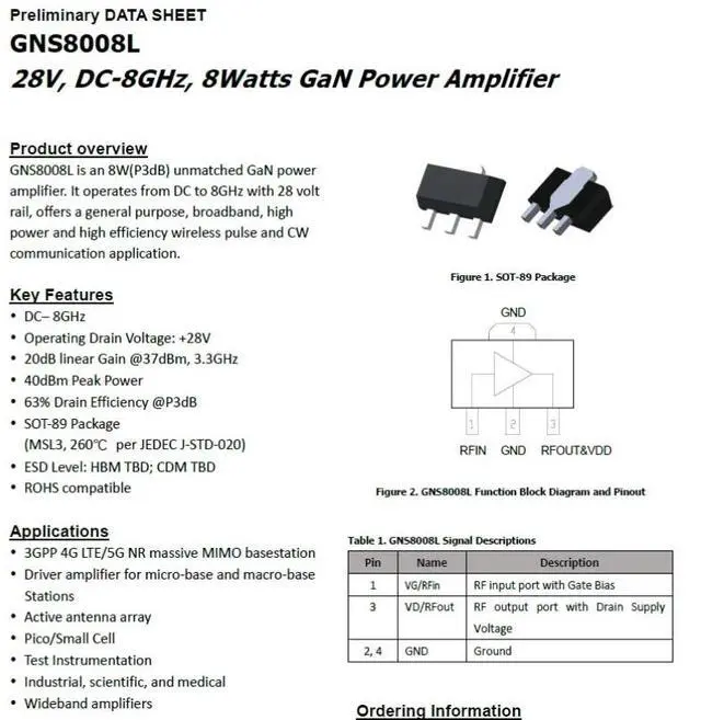 Main image of GNS8008L 28V DC-4GHz GaN cw 10w GaN RF Power Amplifier