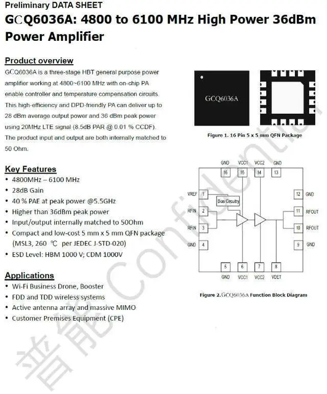 Main image of GCQ6036A 36dBm 4.8-6.1G GaAs High-Power RF Amplifier