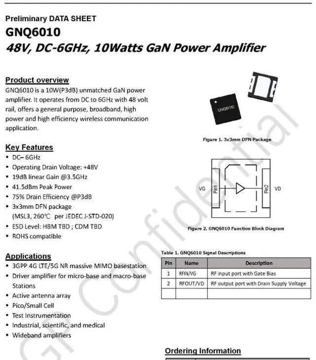 Main image of GNQ6010 48V DC-6GHz GaN 10w GaN RF Power Amplifier