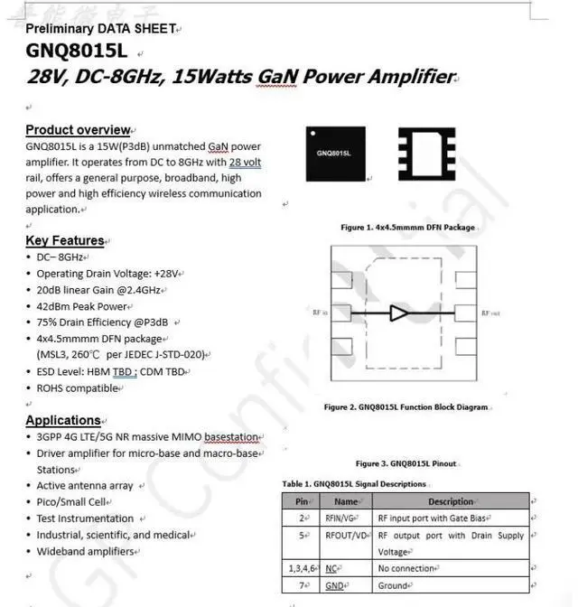 Main image of GNQ8015L 28V DC-8GHz GaN cw 15w GaN RF Power Amplifier