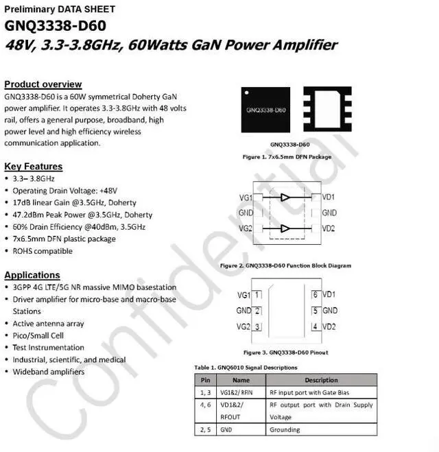 Main image of GNQ3338-D60 48V 3.3-3.8G GaN 60w GaN RF Power Amplifier