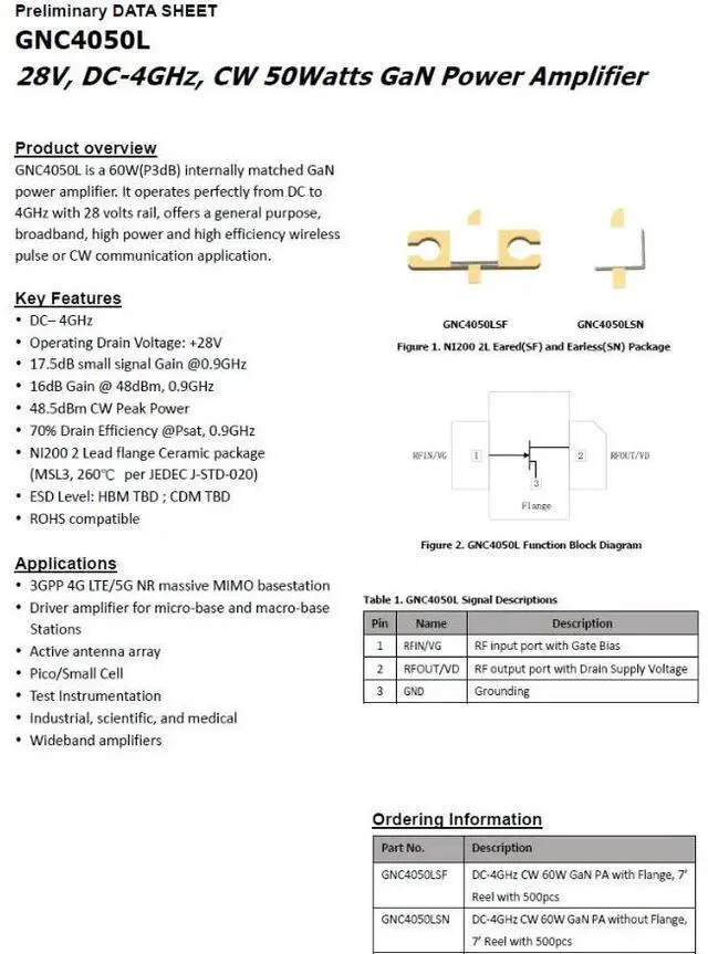Main image of GNC4050L 28V DC~4GHz GaN cw 50w GaN RF Power Amplifier