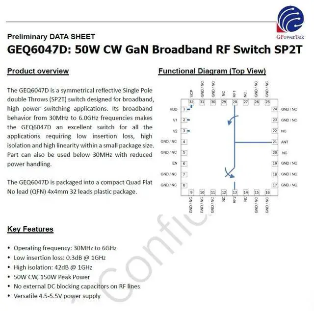 Main image of GEQ6047D 30M-6GHz GaN 50W CW SP2T RF switch