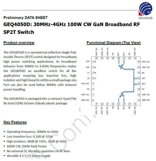 Main image of GEQ4050D 30M-4GHz GaN 100W CW SP2T RF switch