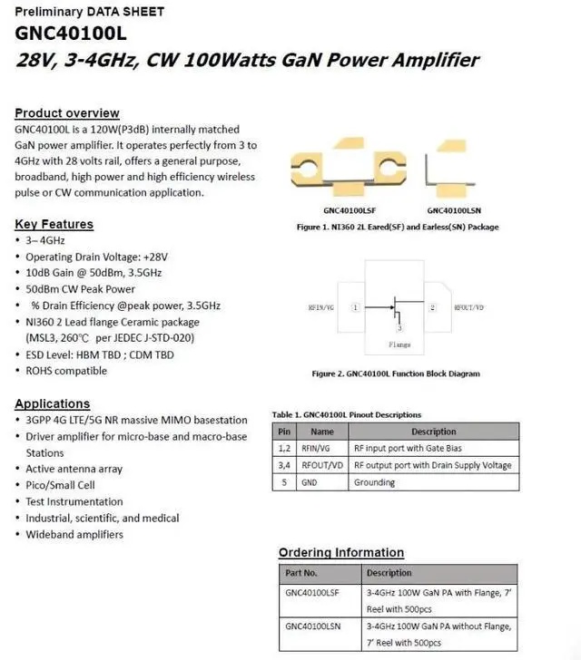 Main image of GNC40100L 28V 3-4GHz GaN 100w GaN RF Power Amplifier