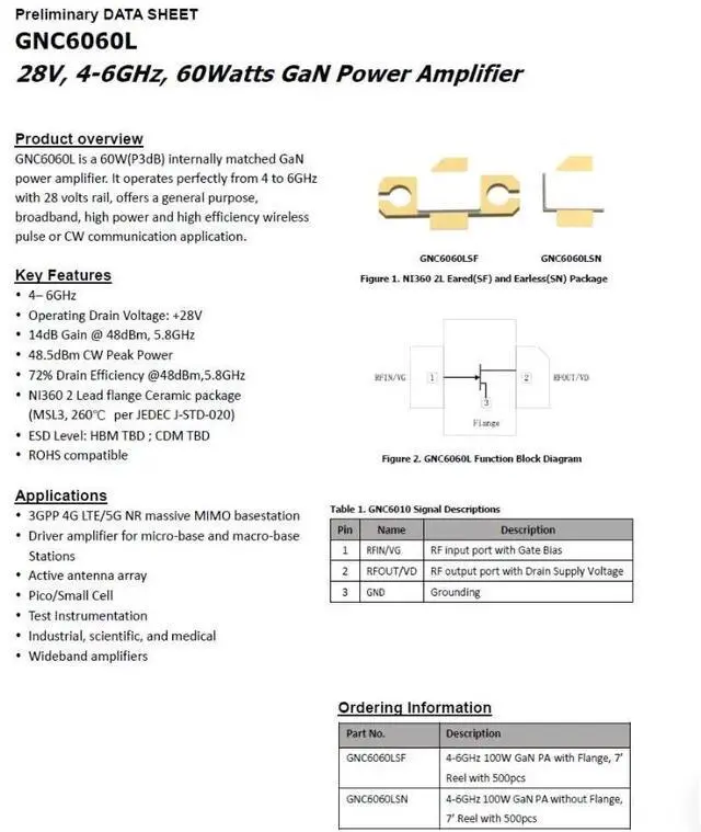 Main image of GNC6060L 28V 4-6GHz GaN 60w GaN RF Power Amplifier