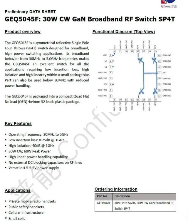 Main image of GEQ5045F 30M to 5GHz 30w GaN Broadband RF Switch SP4T