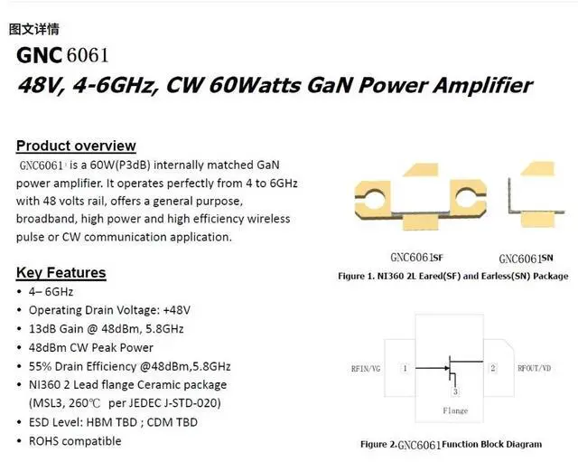 Main image of GNC6061 48V 4-6GHz GaN 60w GaN RF Power Amplifier