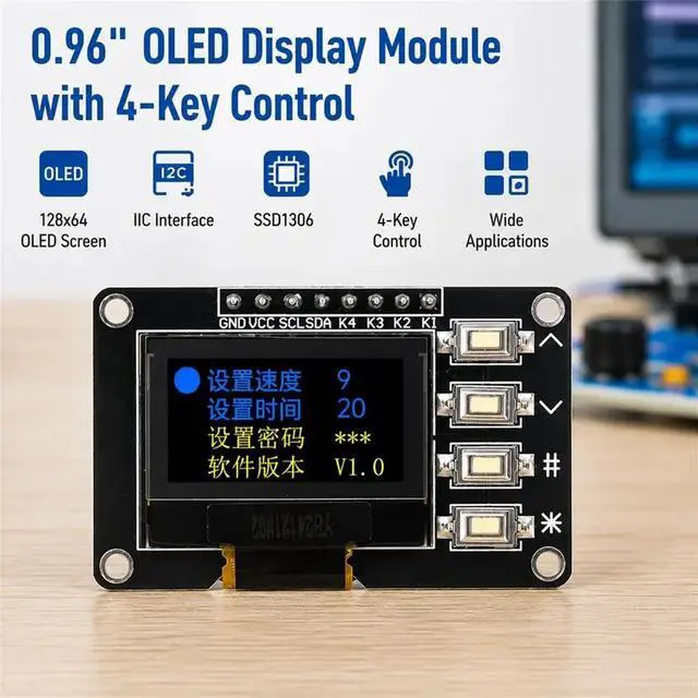 Alt view image 2 of 3 - 0.96 Inch OLED Display Module with 4-Key Menu Control 128x64 Resolution 3.3V Screen Board A