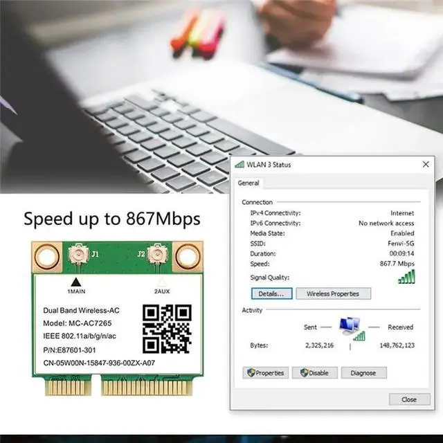Main image of 1200Mbps -AC7265 Dual Band Mini PCI-E Card Bluetooth 4.2 802.11Ac Dual Band 2.4G 5Ghz Adapter for Laptop