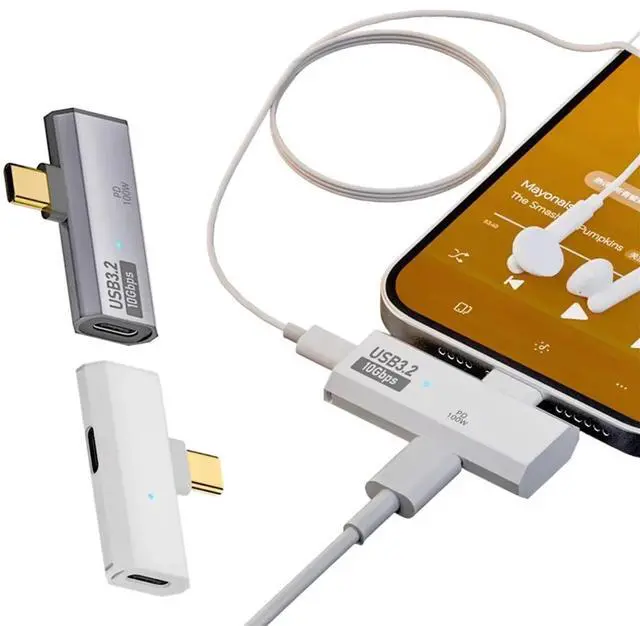 Alt view image 3 of 6 - USB3.2 10Gbps USB C to Dual Type-C OTG Data Adapter Male to Female 100W Fast Charging Earphone Adapter White