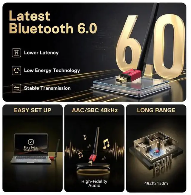 Alt view image 2 of 3 - 150M Bluetooth 6.0 Adapter USB Bluetooth Dongle Driver Free for Win11/10/8.1 Mouse Keyboard Audio Receiver Transmitter